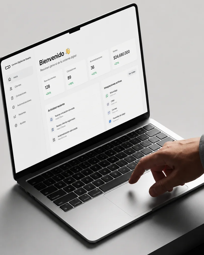Computador portátil con el panel de resumen: nuevos clientes, cotizaciones, automatizaciones y ventas.